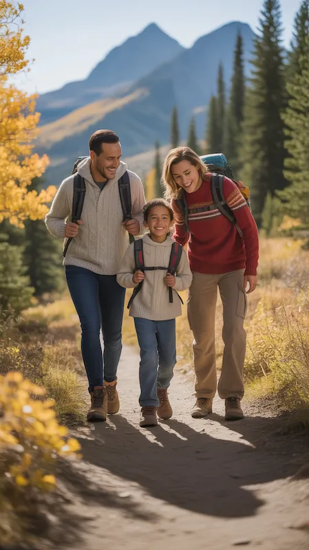 a happy, diverse family of four hiking on a sunny autumn day in the Canadian Rockies. The parents and two children are smiling, wearing cozy sweaters and practical hiking gear.