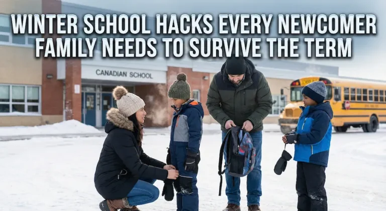 Parents helping children with snow pants and backpacks outside a Canadian school in winter, with text overlay: Winter School Hacks Every Newcomer Family Needs to Survive the Term