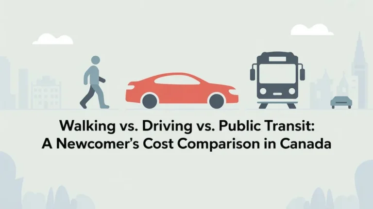 Illustration of walking, driving, and public transit icons with snow and a Canadian city backdrop
